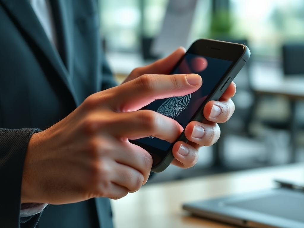 Person authenticating with a fingerprint on a smartphone