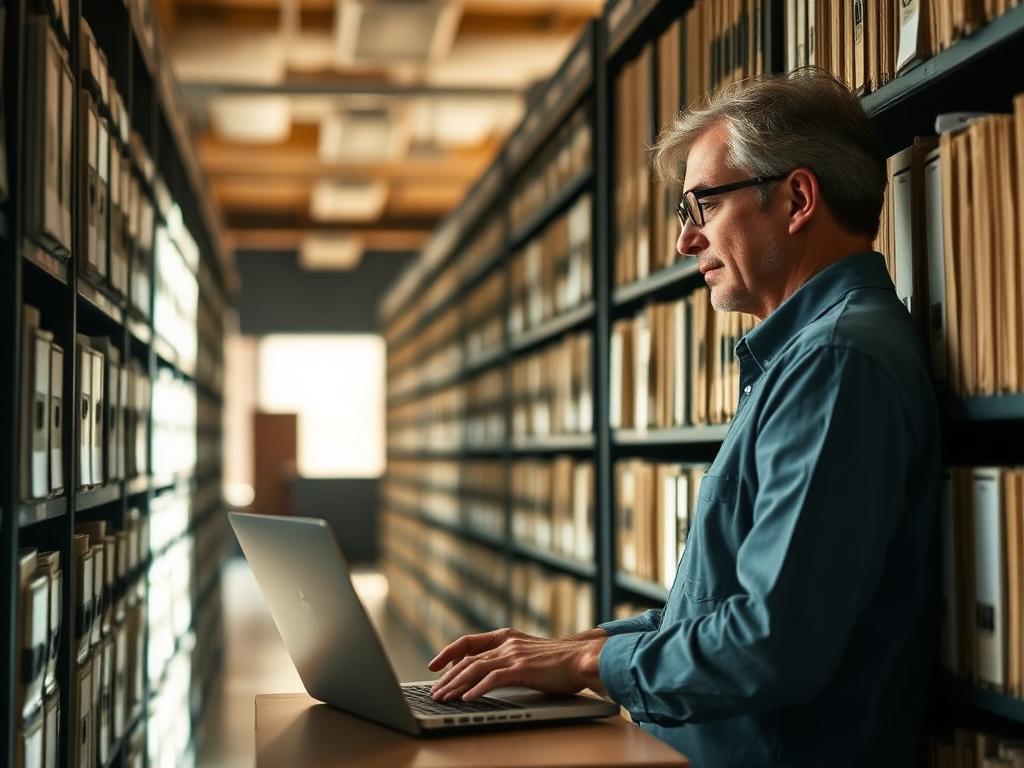 Archivist searching physical records alongside a laptop
